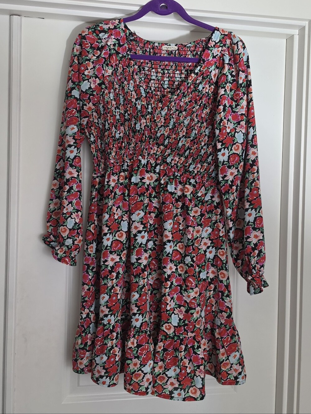 Women's Floral Smocked Long-Sleeve Dress - Pink & Green